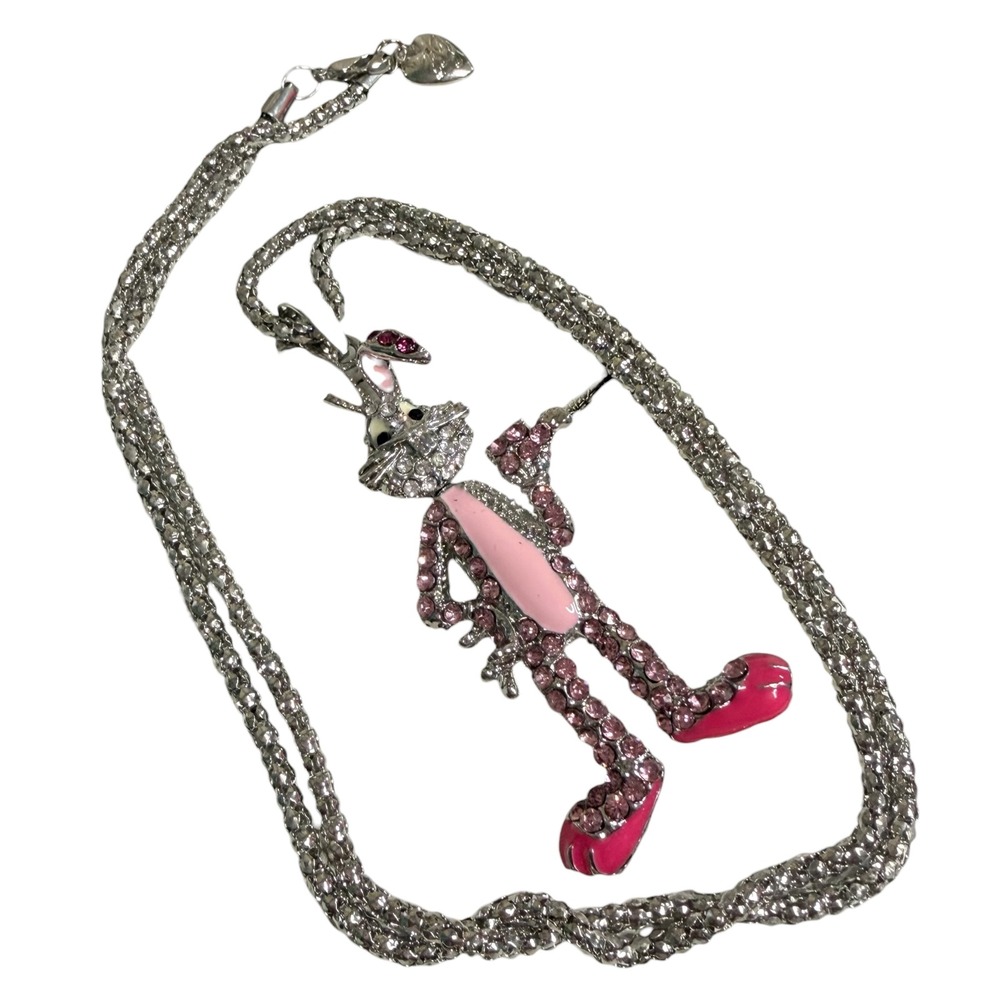 NWT Betsey Johnson Bunny Rhinestones Necklace Pink Crystal Silver